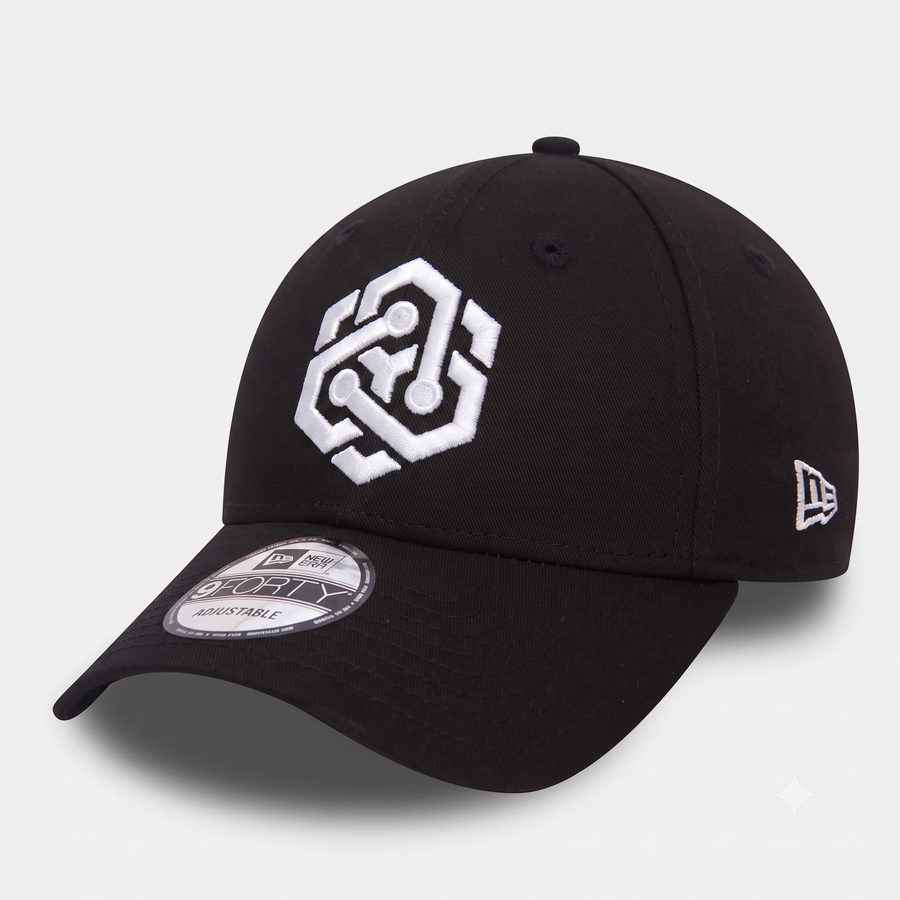 Black New Era 9FORTY cap, angled view, white Bentaus hexagon logo