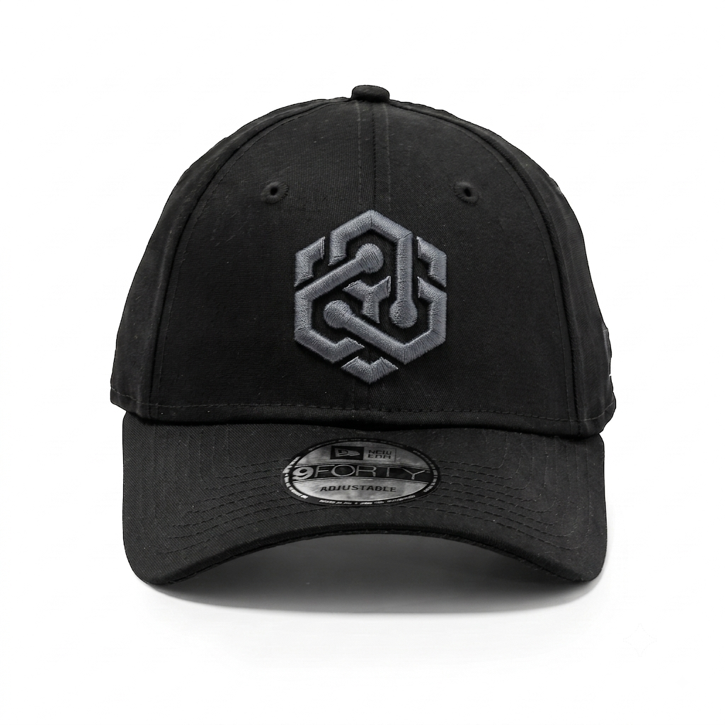 Black New Era 9FORTY cap, front view, gray tonal hexagon logo