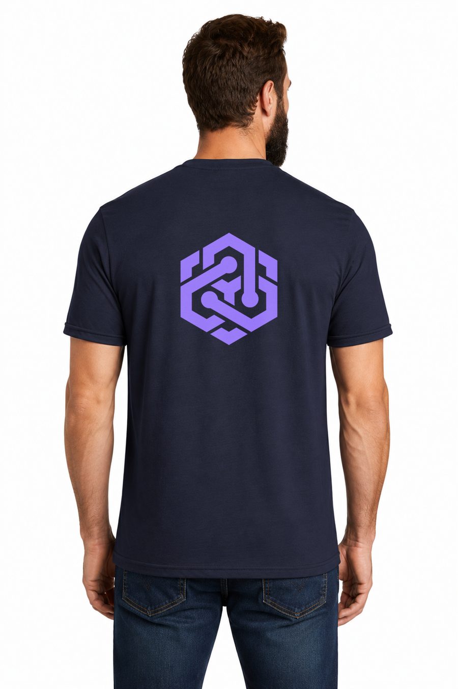 Navy tee, back, purple logo