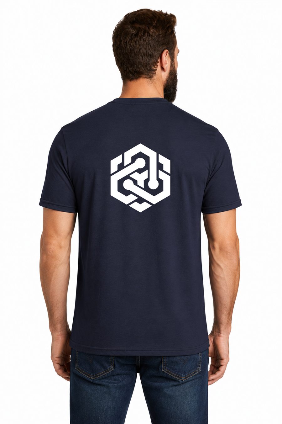 Navy tee, back, white logo