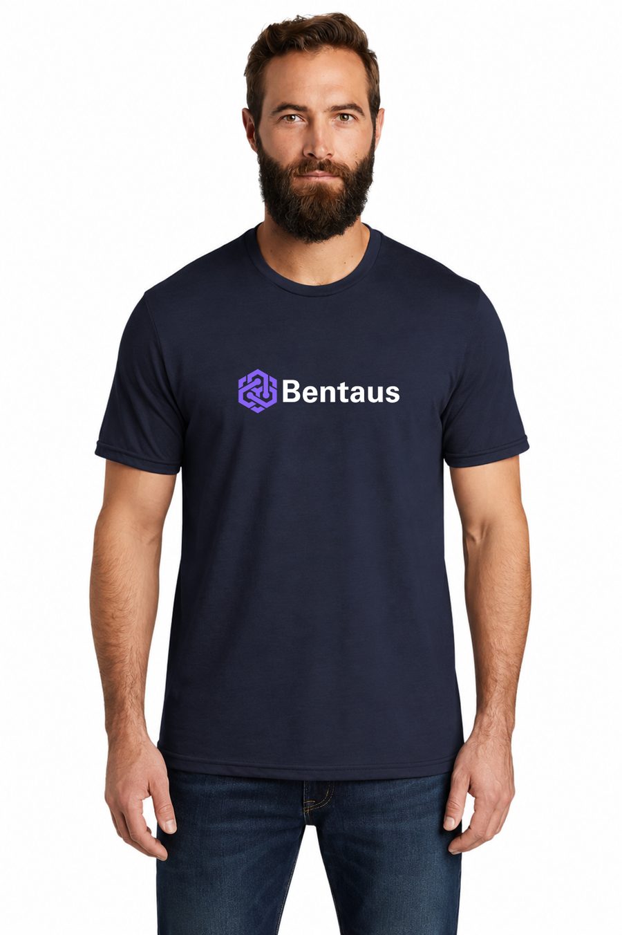 Navy tee, front, purple logo