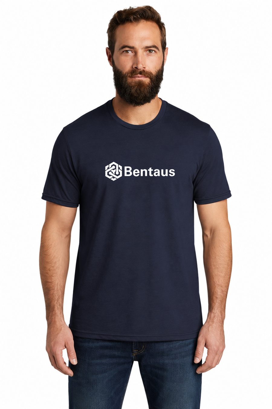 Navy tee, front, white logo